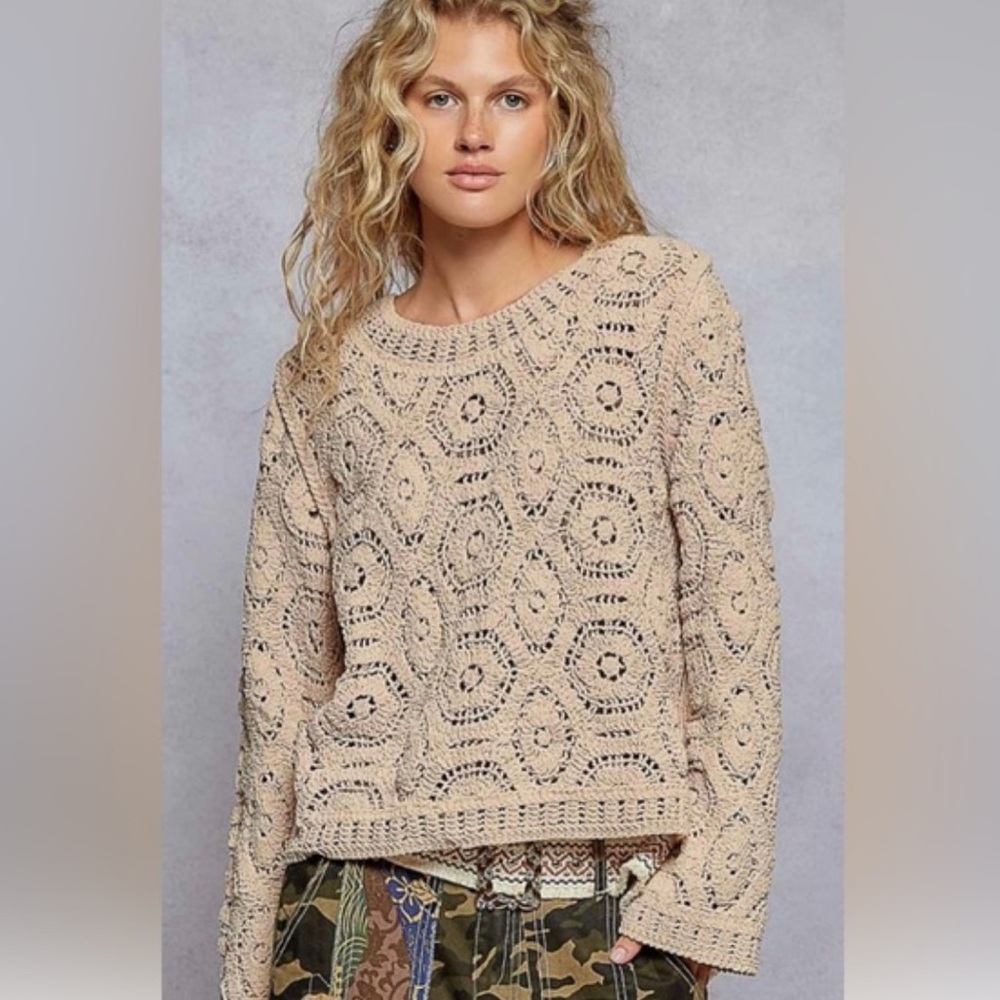 POL Crochet Sweater Top Open Weave Cream 100% Cotton